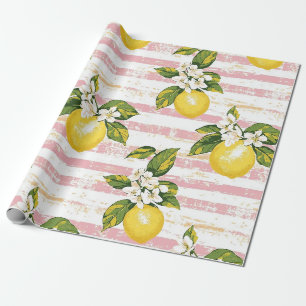 Vintage Zitronen & Blüten auf rosa-weißen Streifen Geschenkpapier