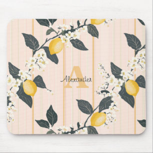 Vintage Zitronen und Blüten auf rosa Streifen Mousepad