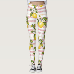 Vintage Zitronen und Blüten auf rosa und weiße Str Leggings