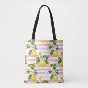 Vintage Zitronen und Blüten auf rosa und weiße Str Tasche