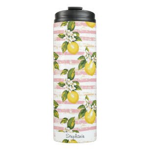 Vintage Zitronen und Blüten auf rosa und weiße Str Thermosbecher