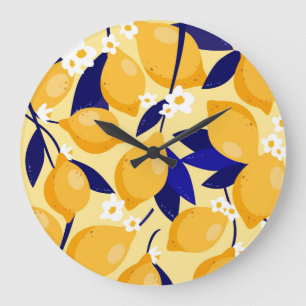 Vintage Zitronenfrüchte: Nahrungsmuster. Große Wanduhr