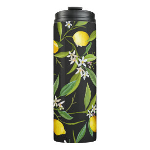 Vintage Zitronenfrüchte und Blume auf dunklem Hint Thermosbecher