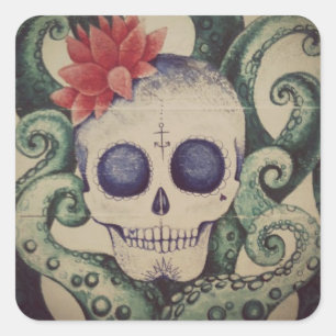Vintage-Zucker-Schädel-Meeres-Tattoo-Stil-Aufklebe Quadratischer Aufkleber