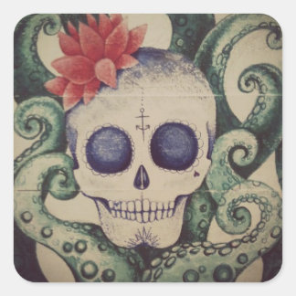 Vintage-Zucker-Schädel-Meeres-Tattoo-Stil-Aufklebe Quadratischer Aufkleber