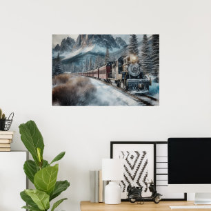 Vintage Zug auf Wintergleisen mit Bergen Poster
