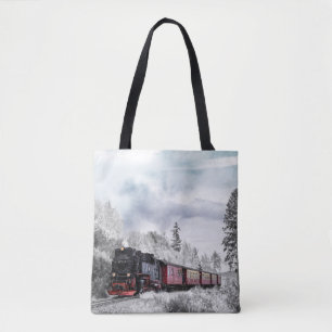 Vintage-Zug fährt durch das Winterwunderland Tasche