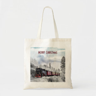 Vintage-Zug fährt durch das Winterwunderland Tragetasche