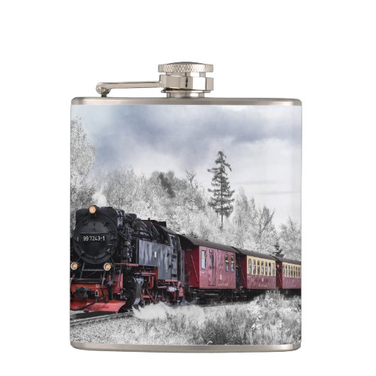 Vintage Zug fährt durch Winterlandschaft Flachmann (Vorderseite)