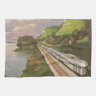 Vintage-Zug-Urlaub, Lokomotive auf dem Land Geschirrtuch