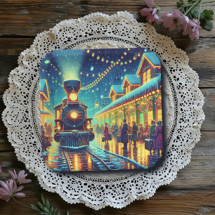 Vintage Züge in einer schneebedeckten Nacht Pappteller