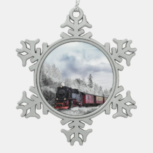 Vintage Zugfahrt durch Winterlandschaft Schneeflocken Zinn-Ornament