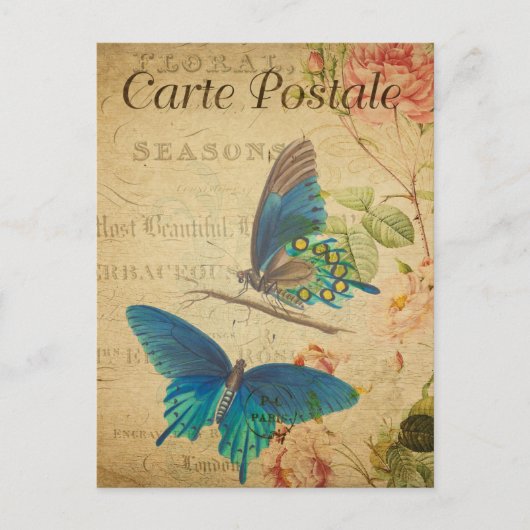 Vintage zwei blaue Schmetterlinge Blumenkohl-Blume Postkarte (Vorderseite)