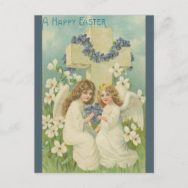 Vintage Zwei Engel Mit Kreuz Blaue Blumen Ostern Postkarte