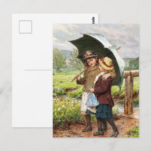 Vintage Zwei Mädchen unter einem Regenschirm Postkarte