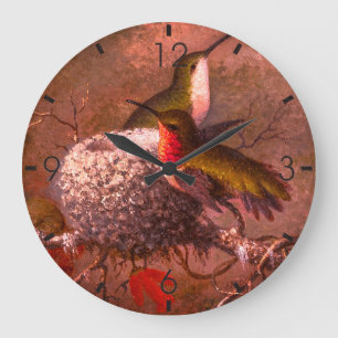 Vintage Zwei Rubinkehlkolibris & Nest Große Wanduhr