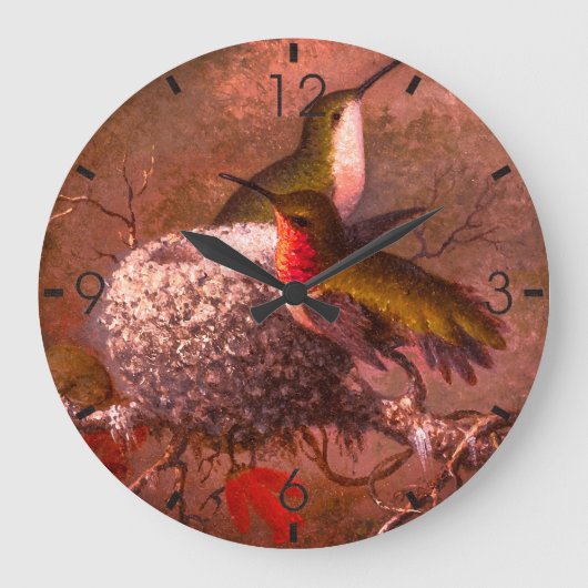 Vintage Zwei Rubinkehlkolibris & Nest Große Wanduhr (Vorderseite)