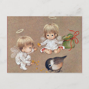 Vintage Zwei Weihnachtsengel füttern Vögel Feiertagspostkarte