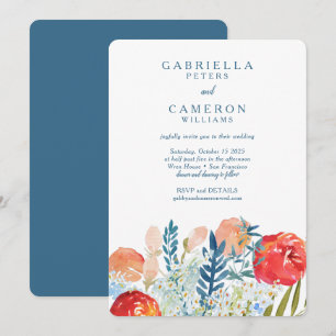 Vintageblaue Aquarell-Blumen-Boho-Hochzeit-RSVP Einladung