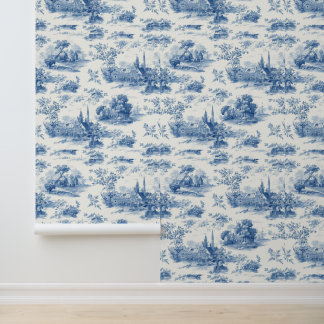 Vintageblaue französische Toile Jouy Blumenmuster Tapete