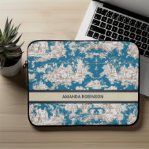 Vintageblaue Türkis-Toile-de-Jouy-Monogramm