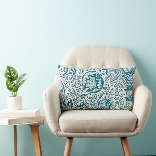 Vintageblaue und weiße indische Blumenlendenkissen Lendenkissen