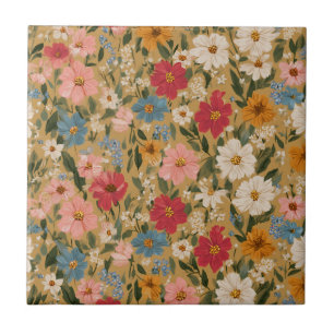 Vintagefarbenes Gänseblümchen-Muster - Senf Fliese