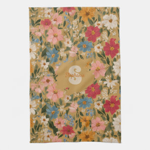 Vintagefarbenes Gänseblümchen-Muster - Senf Geschirrtuch