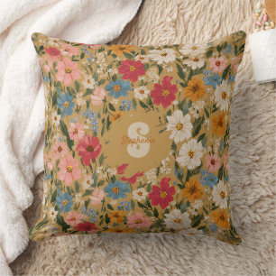 Vintagefarbenes Gänseblümchen-Muster - Senf Kissen