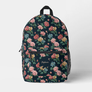 Vintagefarbenes Pfingstrosenmuster auf schwarzem H Bedruckter Rucksack