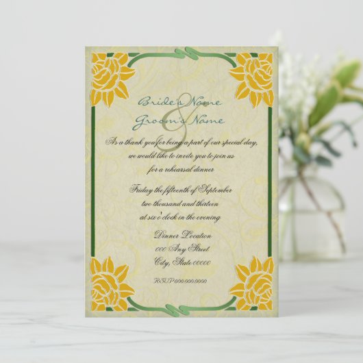VintageGelbe Blume Hochzeit Probe Abendessen Einladung (Stehend Vorderseite)