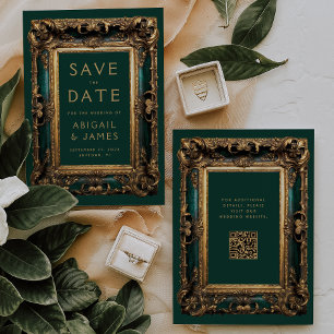 Vintagegrüne Gold-QR-Code-Hochzeit Termin vormerke Einladung