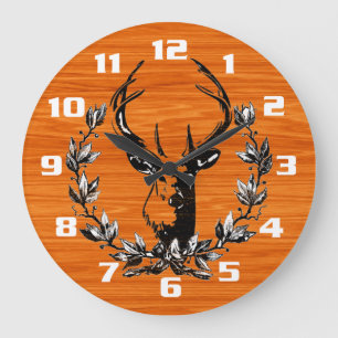Vintagehirsch in Lorbeerblättern auf hellem Holz Große Wanduhr
