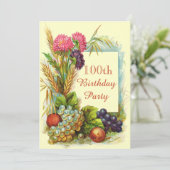 Vintagen 100. Geburtstag Farbige Früchte und Blume Einladung (Stehend Vorderseite)