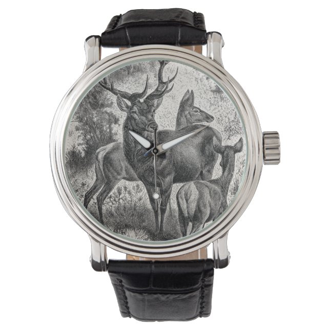 Vintagen 1800er Jahre Red Deer Illustration Stag D Armbanduhr (Vorderseite)