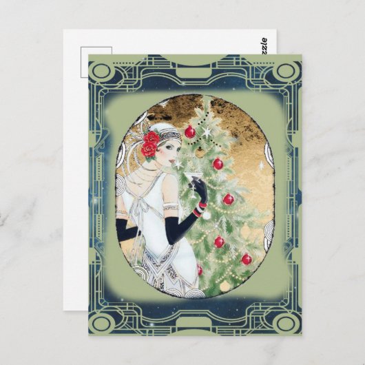 Vintagen 1920er Flapper Art Deco Weihnachten Postk Postkarte (Vorne/Hinten)