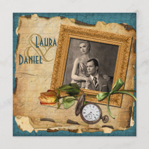 Vintagen Aquamarine, Gold-Frame-Foto Hochzeitsreis Einladung