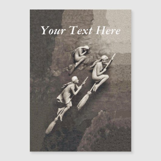 Vintagen drei Halloween-Hexen fliegende Brüder Magnetkarte (Vorderseite)