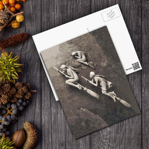 Vintagen drei Halloween-Hexen fliegende Brüder Postkarte