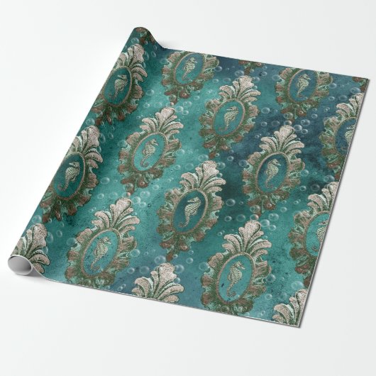 Vintagen Gerahmten Seepferd auf hellgrün Geschenkpapier (Ungerollt)
