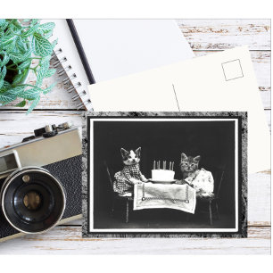 Vintagen zwei Kätzchen und der Geburtstagskuchen Postkarte