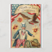 Vintager 4. Juli Feuerwerk mit Uncle Sam Postkarte (Vorderseite)