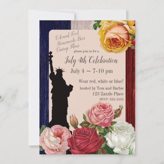 Vintager 4. Juli Rose Einladung (Vorderseite)
