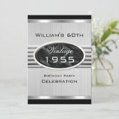 Vintager 60. Silbermetall Schwarz Geburtstag 2 Einladung (Stehend Vorderseite)