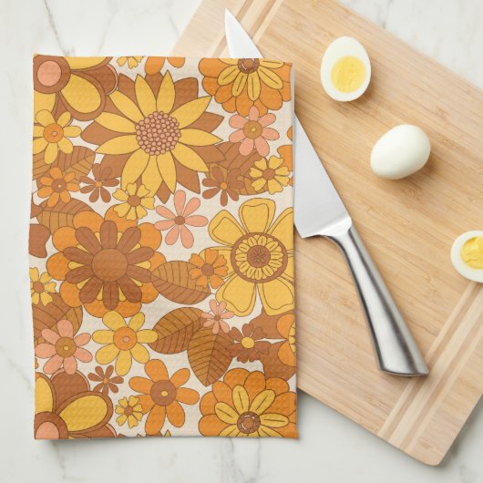 Vintager 70er Retro Blumenmuster braune Gelbe Geschirrtuch (Viertel Falte)