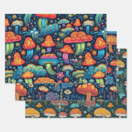 Vintager 70er Retro Hippie Style Pilz Boho Set 3 Geschenkpapier Set