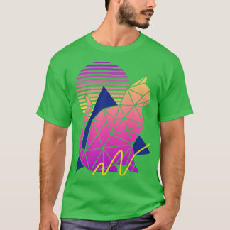 Vintager 80er Geometric Cat mit Sonnenuntergang T-Shirt