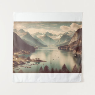 Vintager Alpensee Landschaftsbild Wandteppich