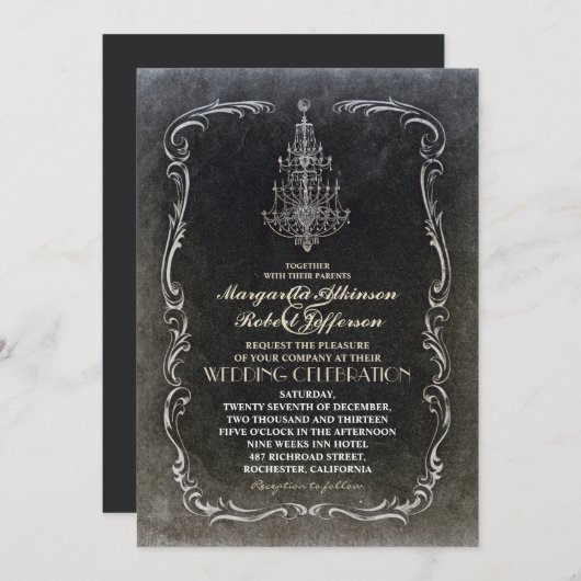 Vintager, alter Kronleuchter, schwarze Einladungen (Vorne/Hinten)