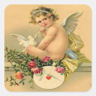 Vintager, Amor-Engel, Taube und Rosen Quadratischer Aufkleber